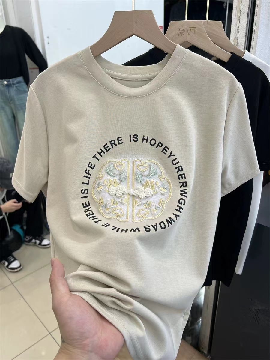 新中式刺繡珍珠盤扣設計感短袖T恤女2024夏款重工藝別致寬鬆上衣