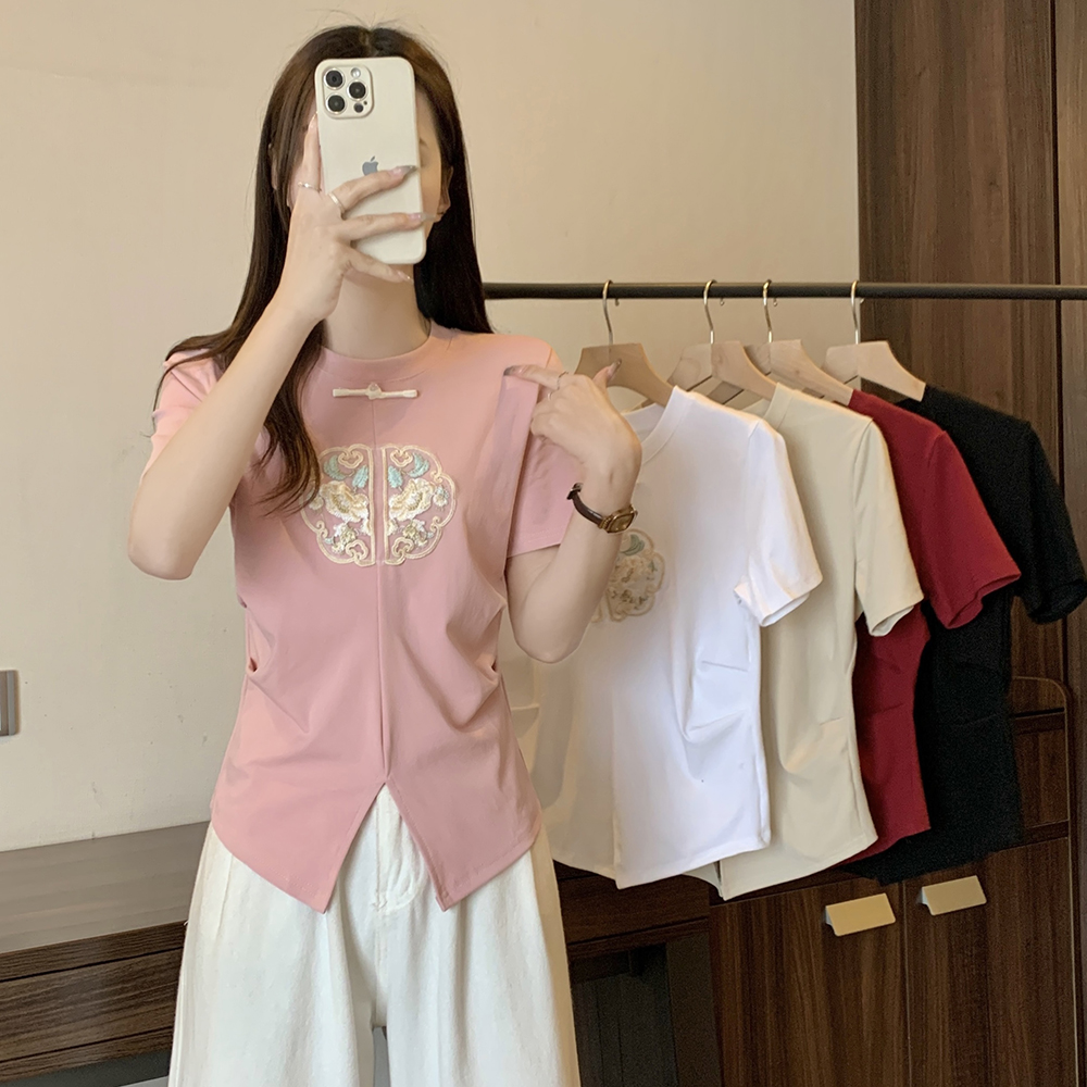 實拍2024年夏裝大碼女裝T恤新款中國風新中式刺繡短袖上衣