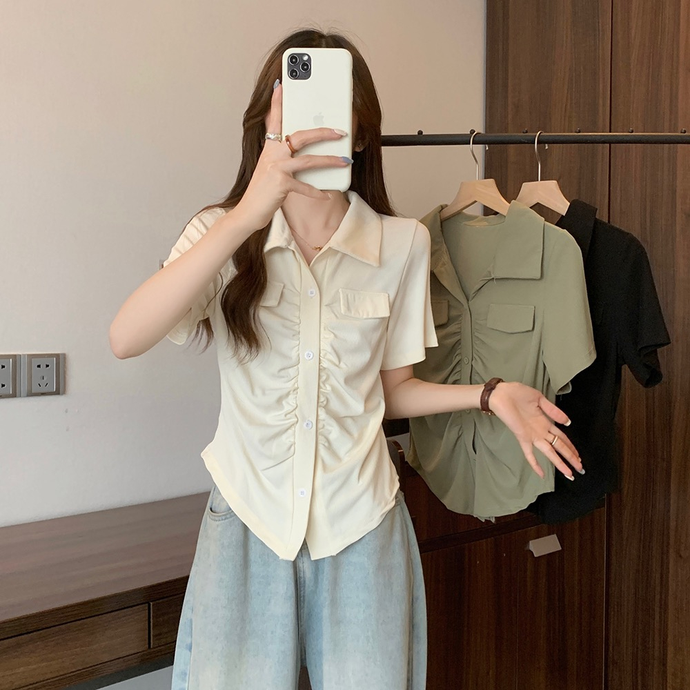 胖MM設計感夏季新款簡約褶皺百搭POLO領修身顯瘦短袖女小眾上衣