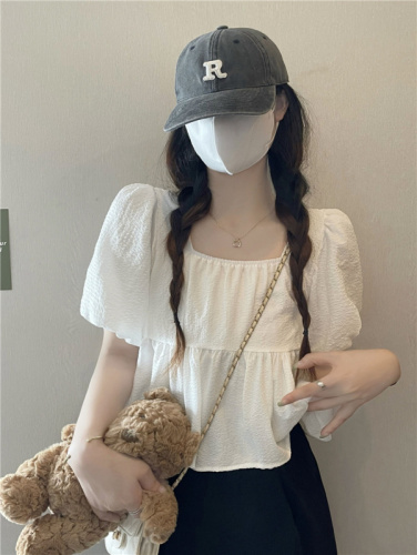 Actual shot~Summer new Korean style design square neck puff sleeves sweet babydoll top with string back