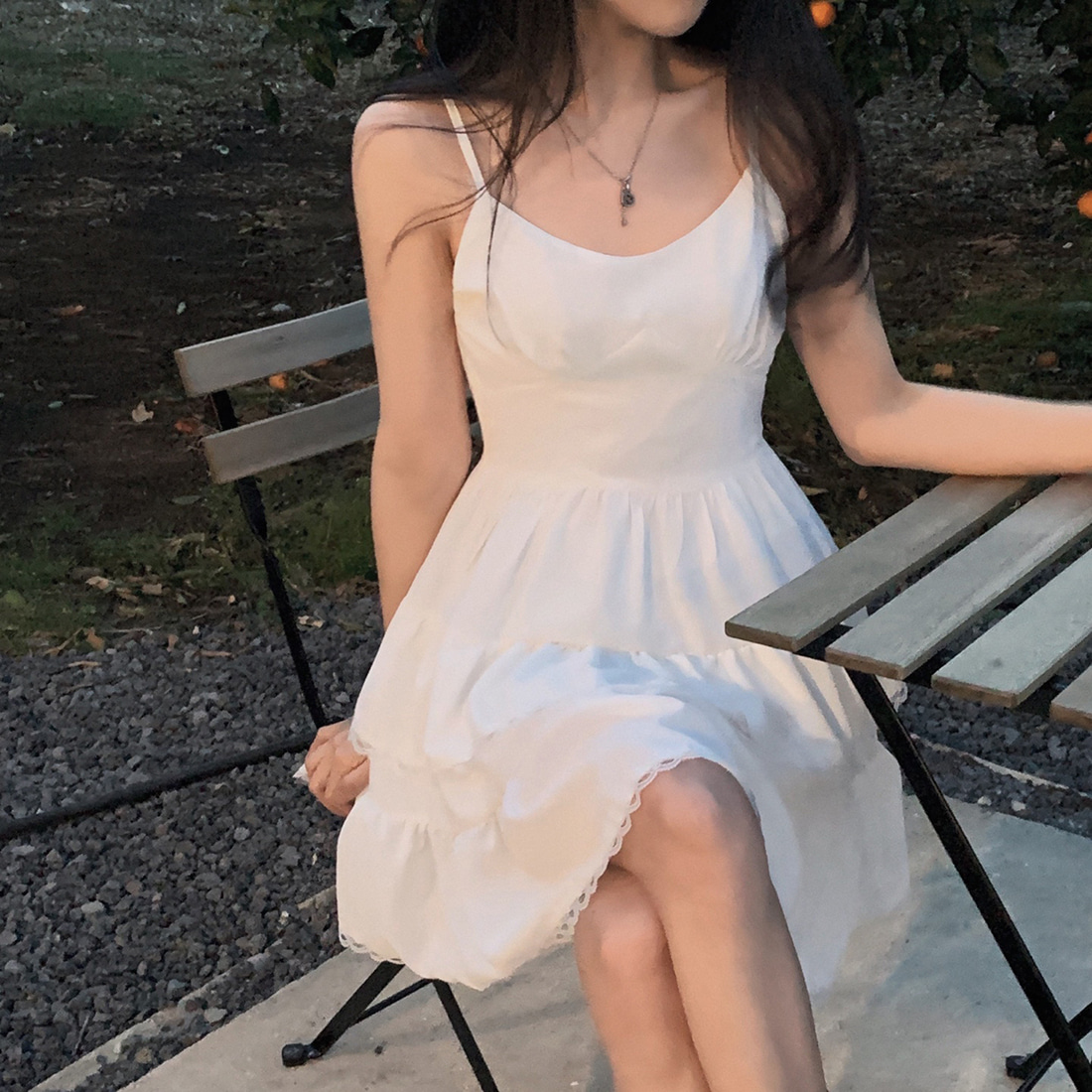 Add color size update Korean ins white French suspender dress women's skirt lace sleeveless cake skirt