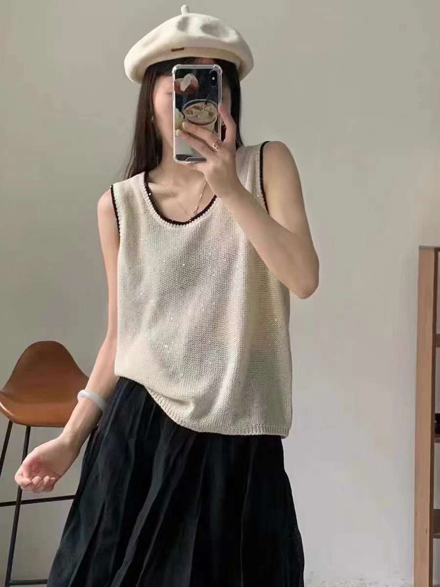 小眾暗黑系小香風重工亮片圓領無袖背心夏百搭顯瘦上衣女
