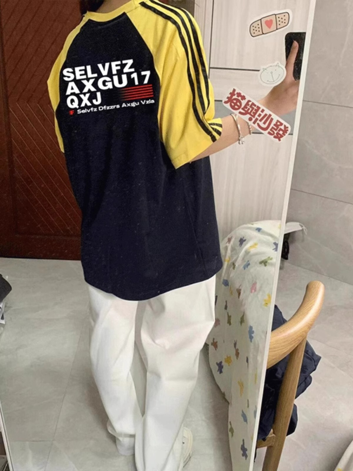 條紋拼接撞色短袖T恤女夏季潮牌 索羅娜 羅口領純棉 後包領