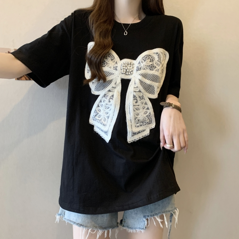 實拍  32支雙紗 2024夏裝刺繡釘珠蝴蝶結短袖T恤女寬鬆