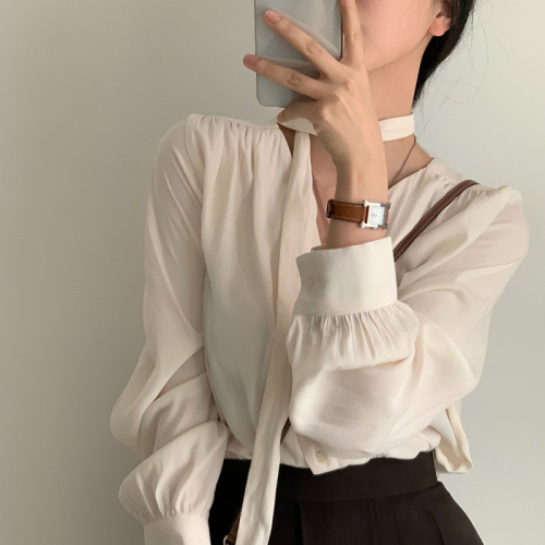 韩国chic法式优雅气质V领飘带褶皱休闲百搭泡泡袖衬衫上衣