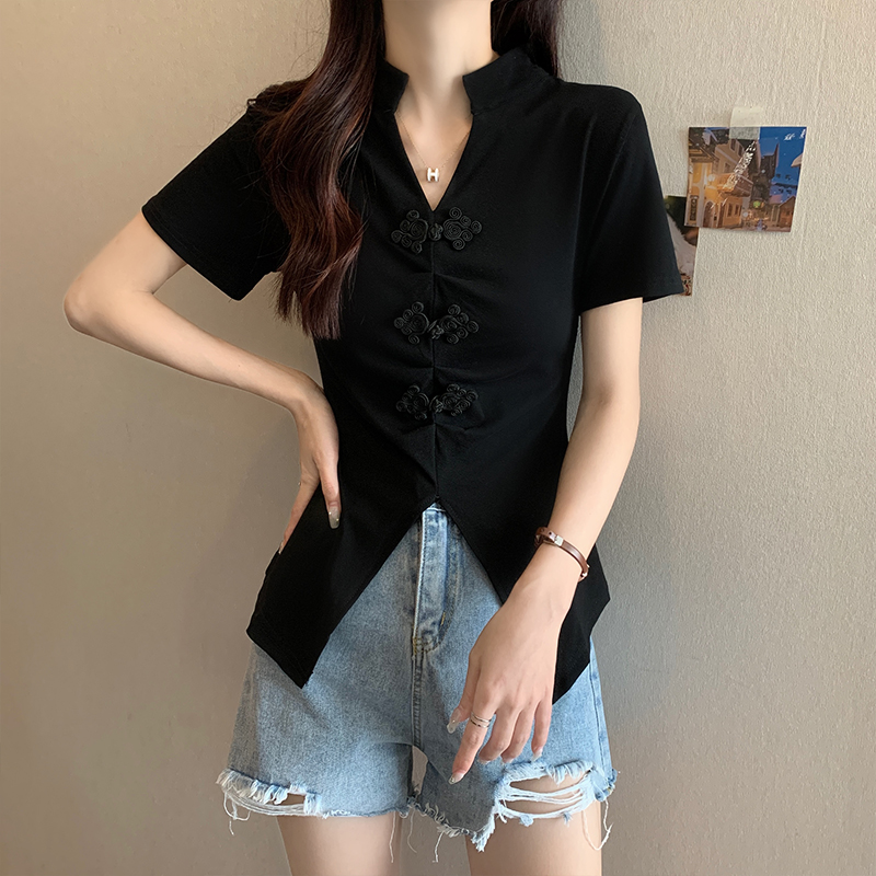實拍大碼女夏季新款新中式中國風短袖T恤盤扣復古不規則開叉上衣