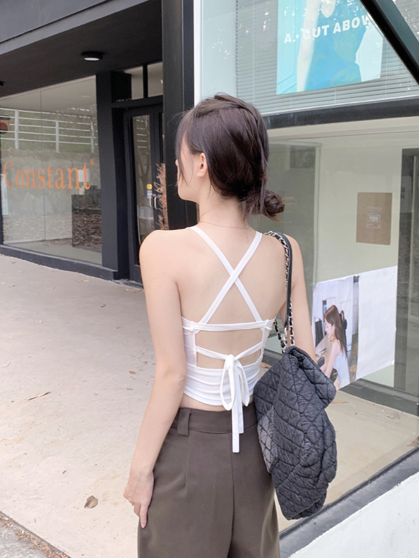 實拍 多巴胺帶胸墊背心女夏外穿辣妹性感綁帶露背吊帶上衣女