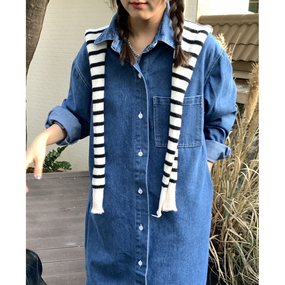 韓國chic春秋簡約翻領單排扣寬鬆襯衫裙休閒長款牛仔連衣裙女秋季