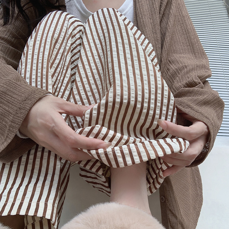 咖色豎條紋闊腿褲女春夏秋2024新款高腰垂感秋季遛彎休閒褲