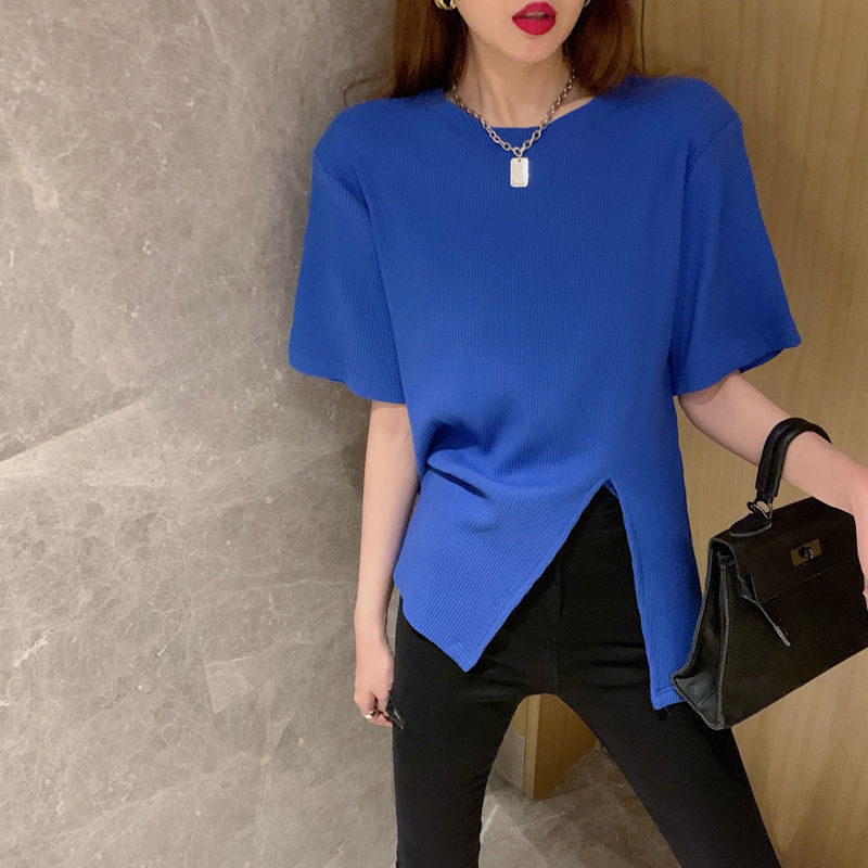 官網圖羅紋坑條開叉T恤打底衫女夏設計感小眾寬鬆短袖