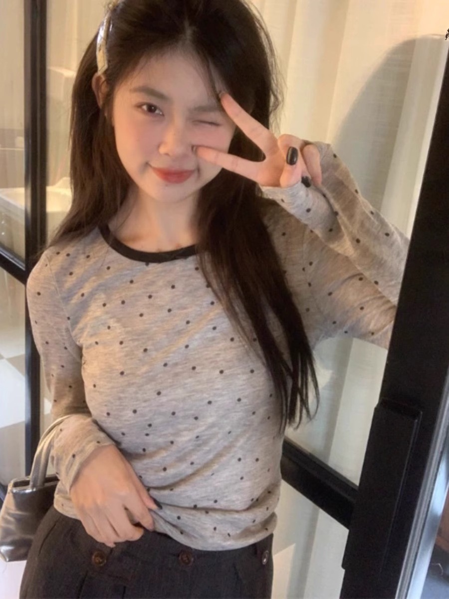 kumikumi小眾波點撞色長袖T恤女2024春季小個子修身百搭薄款上衣