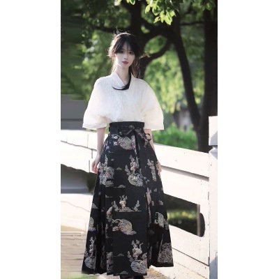 漢服女裝新款古裝日常可穿小個子國風黑色馬面裙套裝女款夏季