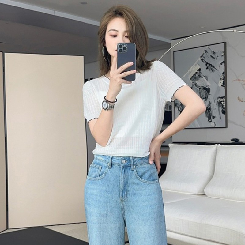 洋氣甜美減齡冰絲針織衫夏季時尚寬鬆顯瘦短袖t恤女圓領套頭上衣