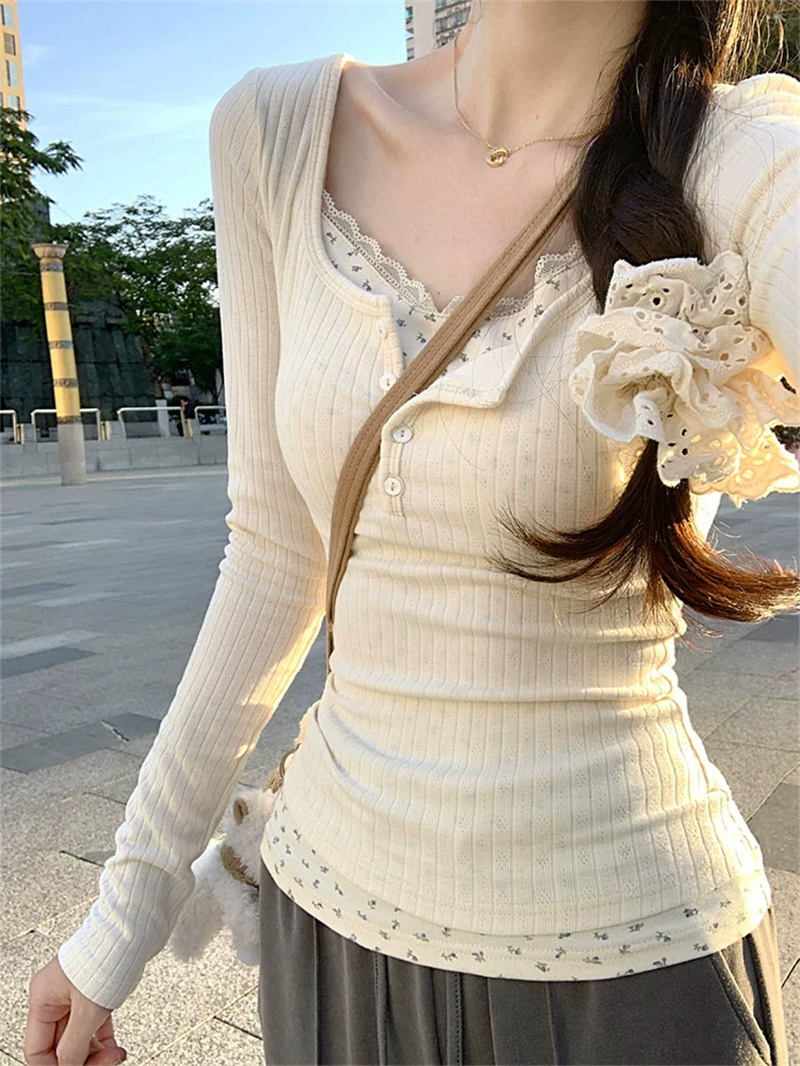 純欲bm風蕾絲假兩件打底衫女春秋款法式高級感保暖內搭甜辣妹上衣