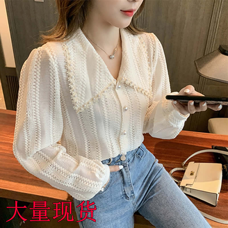 新款娃娃領鏤空蕾絲設計感小眾百搭長袖襯衫女洋氣上衣