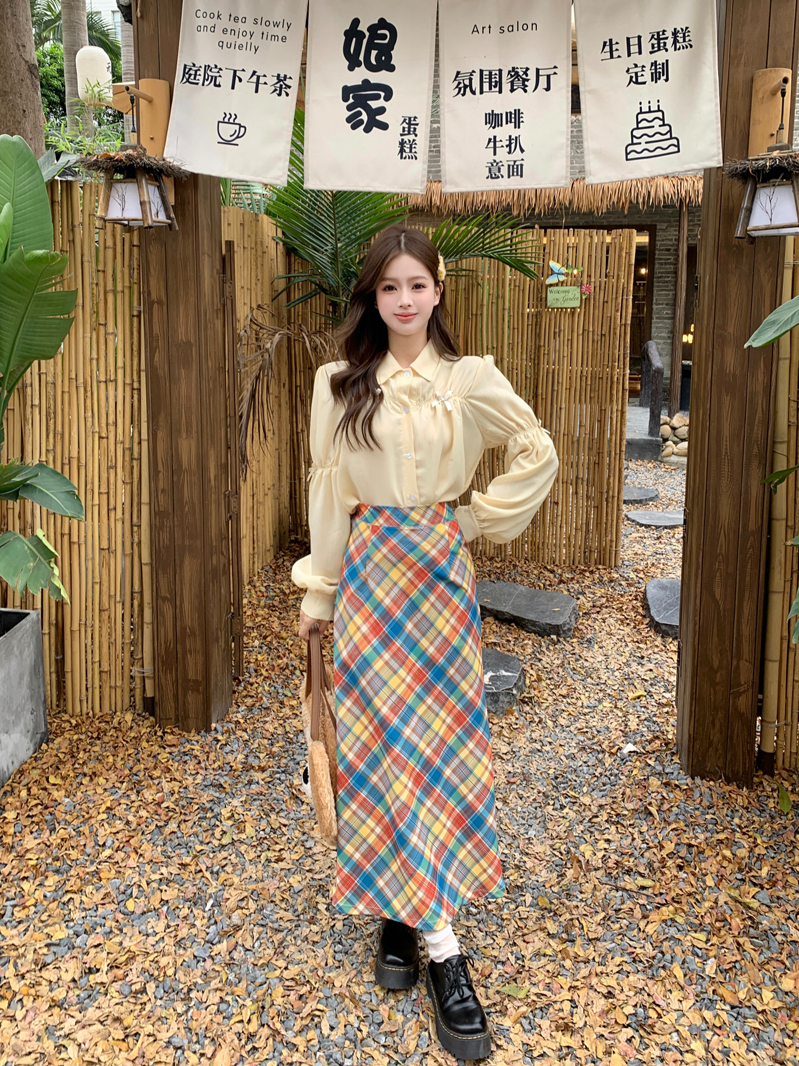 A883實拍早春甜美奶黃色蝴蝶結長袖襯衣女小眾設計感溫柔氣質上衣