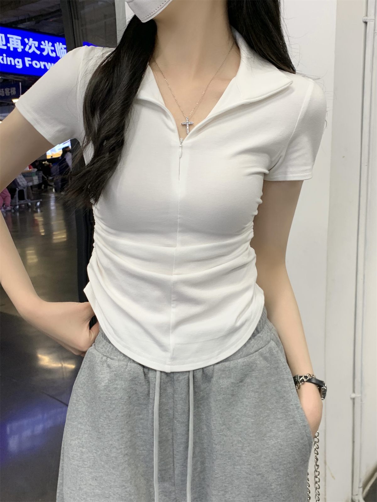 實拍 春夏韓版正肩修身拉鏈領褶皺設計感純棉百搭短袖上衣T恤
