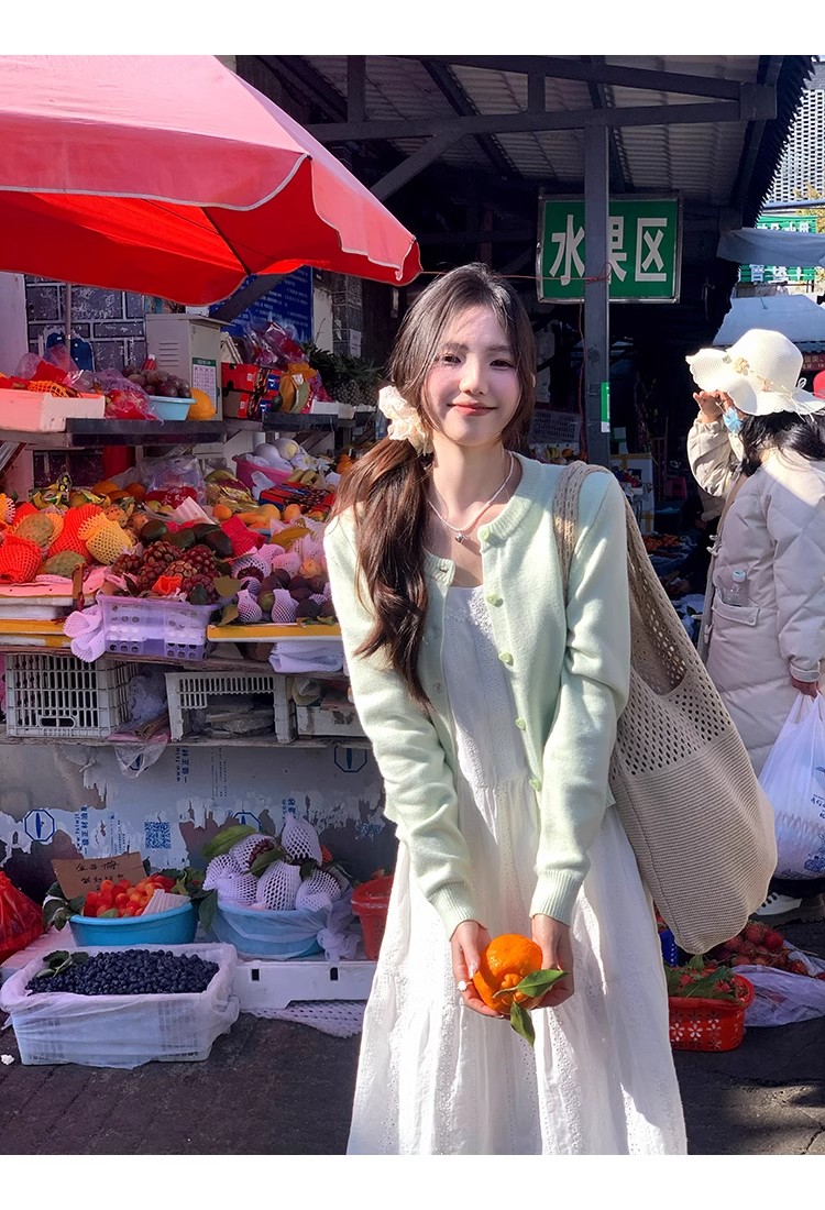 薄荷綠色針織開衫女春季新款法式復古寬鬆氣質簡約百搭圓領毛衣