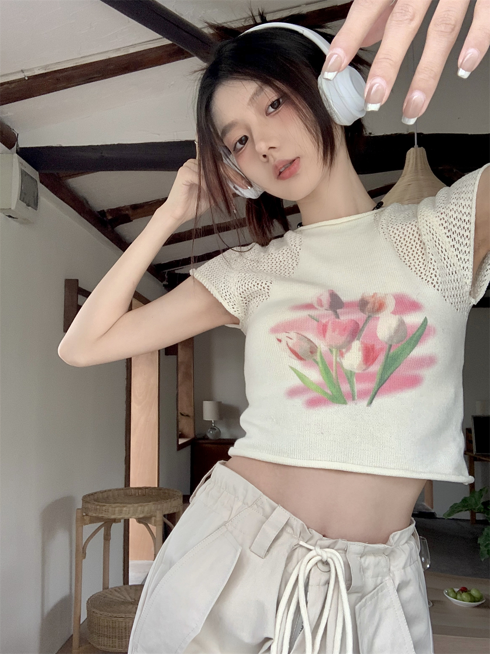 少女系拼接網紗短款T恤夏季新款修身正肩設計感小眾辣妹短袖上衣