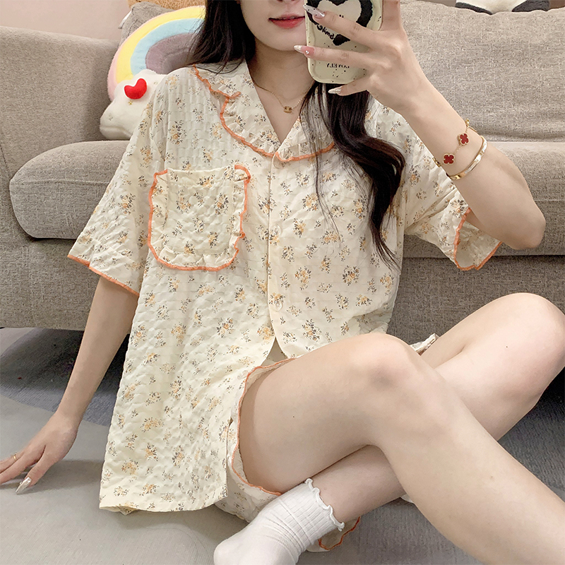 實拍夏季韓版新款睡衣女梭織提花雲朵棉甜美短袖短褲套裝家居服