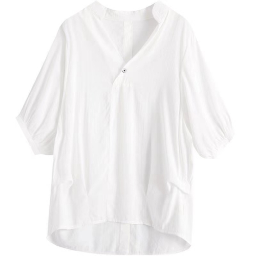 2024夏季新款韩版宽松休闲白色衬衫V领短袖防晒衬衣上衣