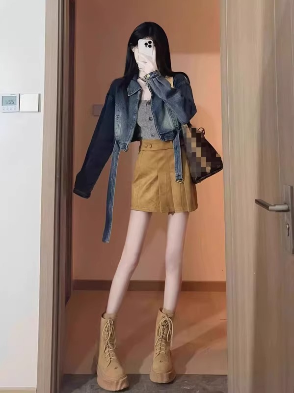 春裝搭配一整套韓劇穿搭小個子高級感辣妹牛仔外套兩件套裝裙子女
