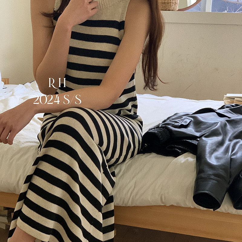 春裝女裝穿搭新款韓系圓領撞色條紋顯瘦針織背心長裙連衣裙