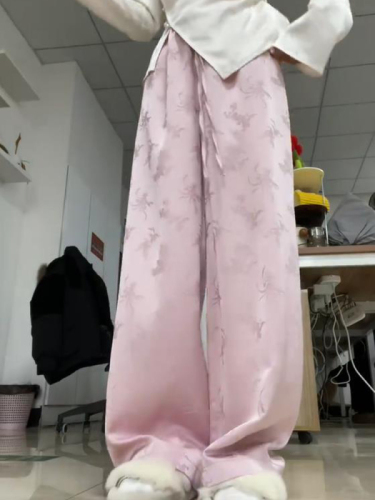 新中式国风粉色提花休闲阔腿裤女春季气质小众设计窄版直筒长裤子
