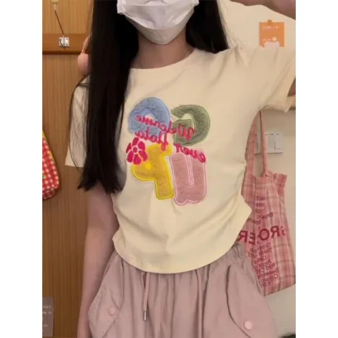 貼絨刺繡純棉40支精梳緊密210克直播品質 修身短袖女
