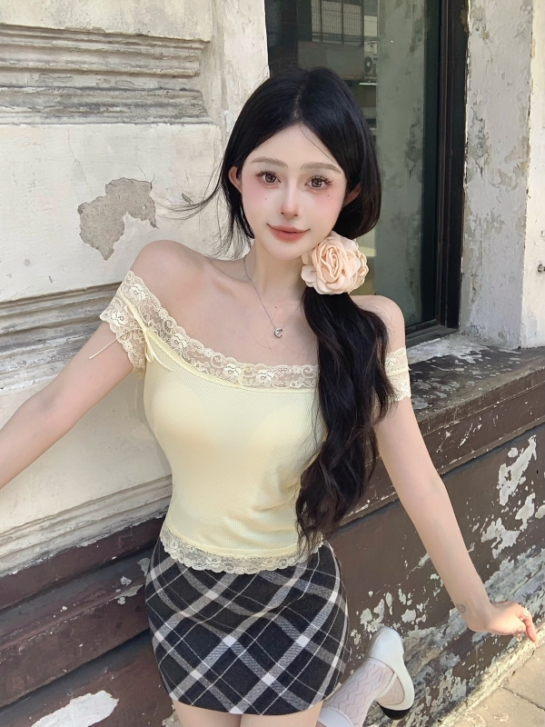 實拍蕾絲性感夏季收腰顯瘦緊身短款辣妹打底衫