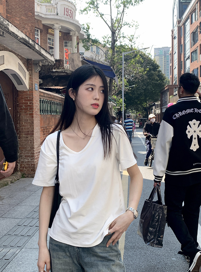純棉ins潮牌撞色拼接polo領短袖t恤女夏季韓系oversize體恤衫上衣
