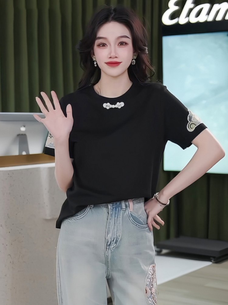 針織衫重工圓領短袖t恤女士2024年夏季新款印花時髦修身百搭上衣