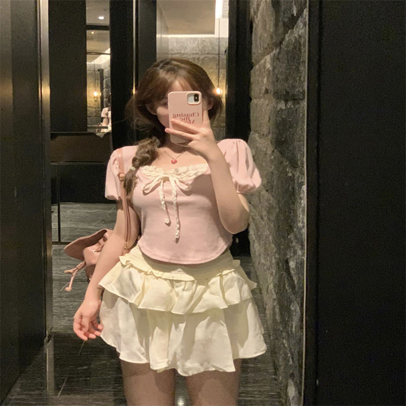 芭蕾風方領短袖t恤女夏季2024年新款設計感小眾修身短款百搭上衣
