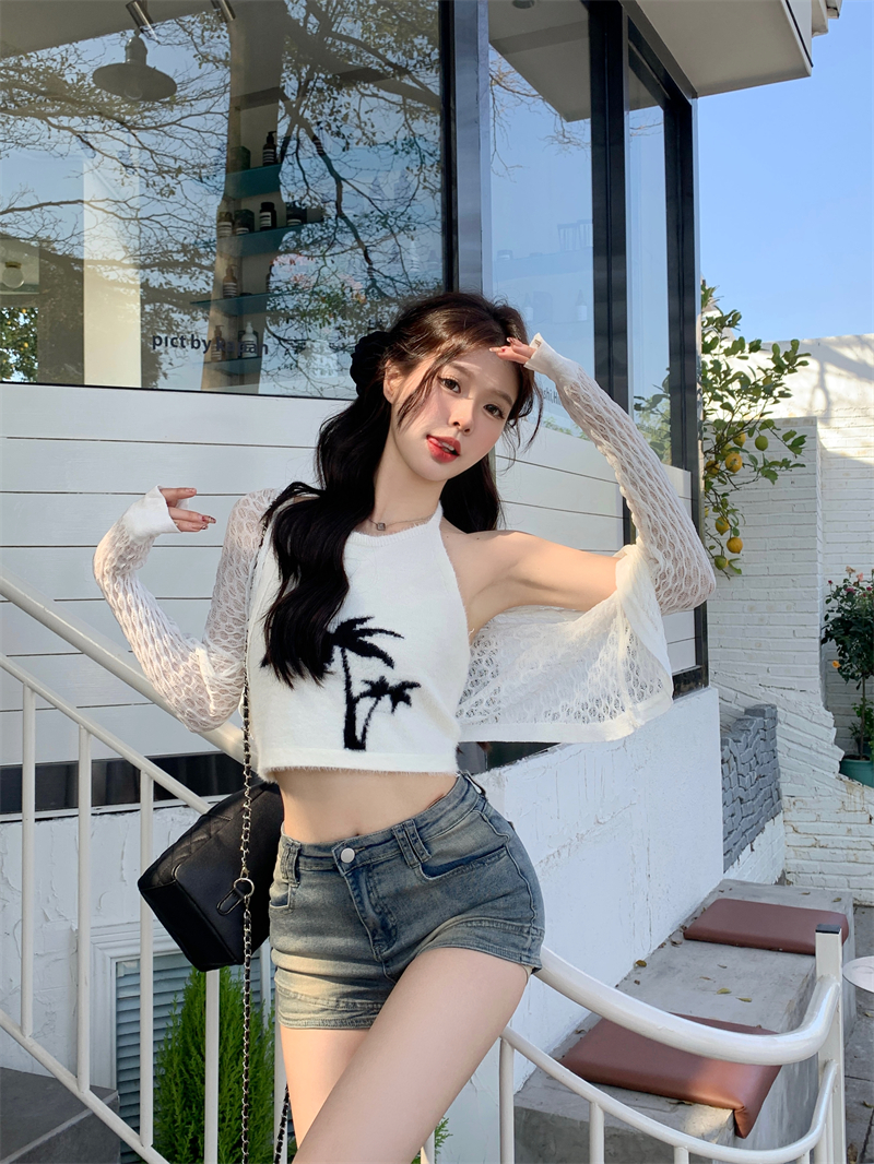 實拍 軟糯毛毛印花掛脖短款背心吊帶+防曬開衫上衣辣妹兩件套