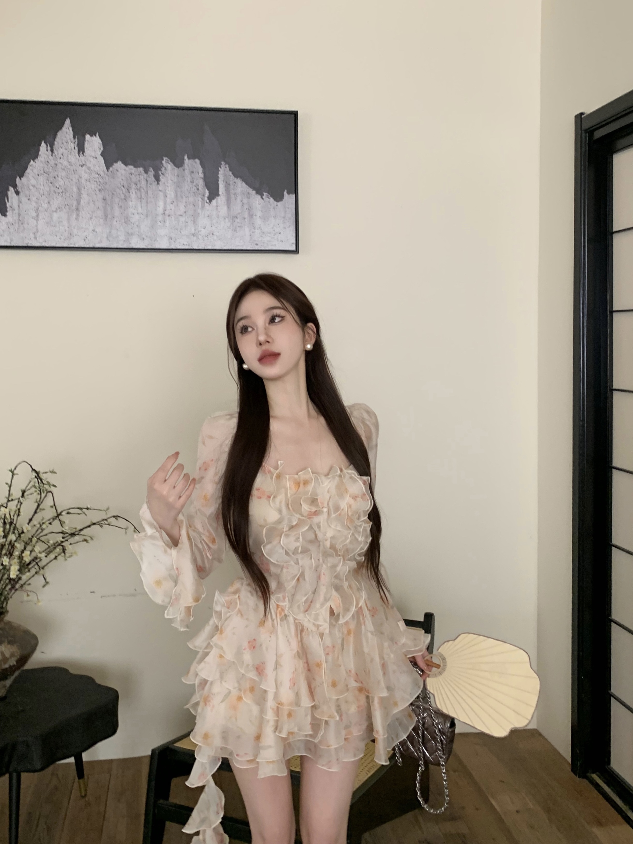 實拍 純欲風荷葉邊襯衫一片式波浪半裙仙女套裝