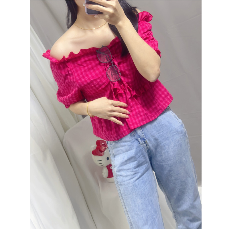 火龍果紅色別致短袖格子小衫女夏季新款小個子甜美露肩襯衫短上衣