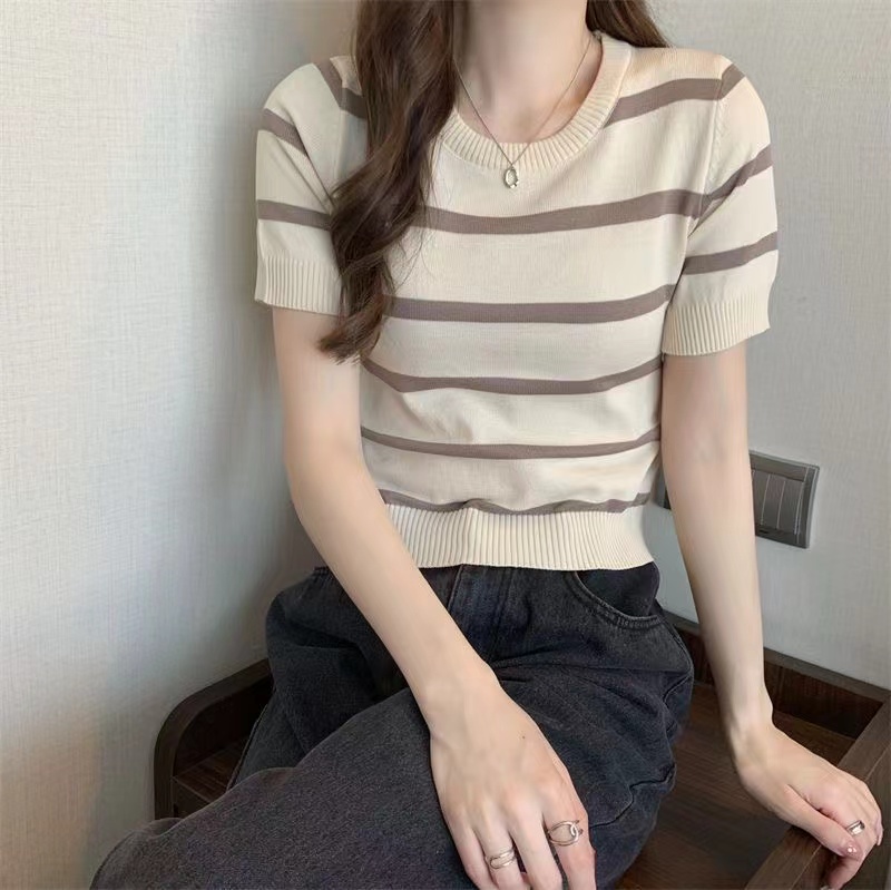 溫柔系撞色條紋針織T恤女夏季圓領短款打底衫修身顯瘦短袖上衣