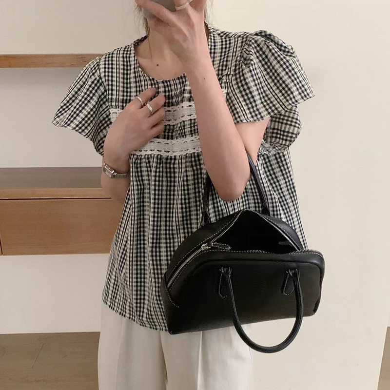法式格子蕾絲拼接小飛袖襯衫女2024夏新款韓版寬鬆甜美上衣