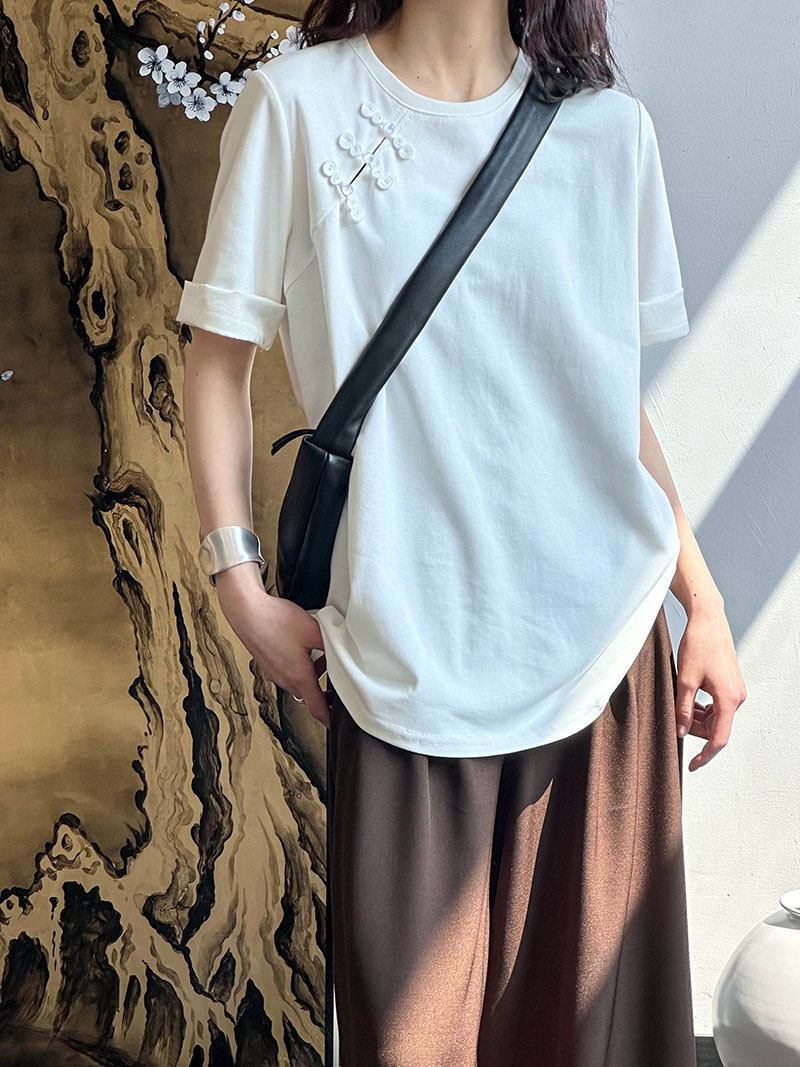 實拍！新中式國風盤扣T恤短袖純色寬鬆上衣女2024春季新款小衫