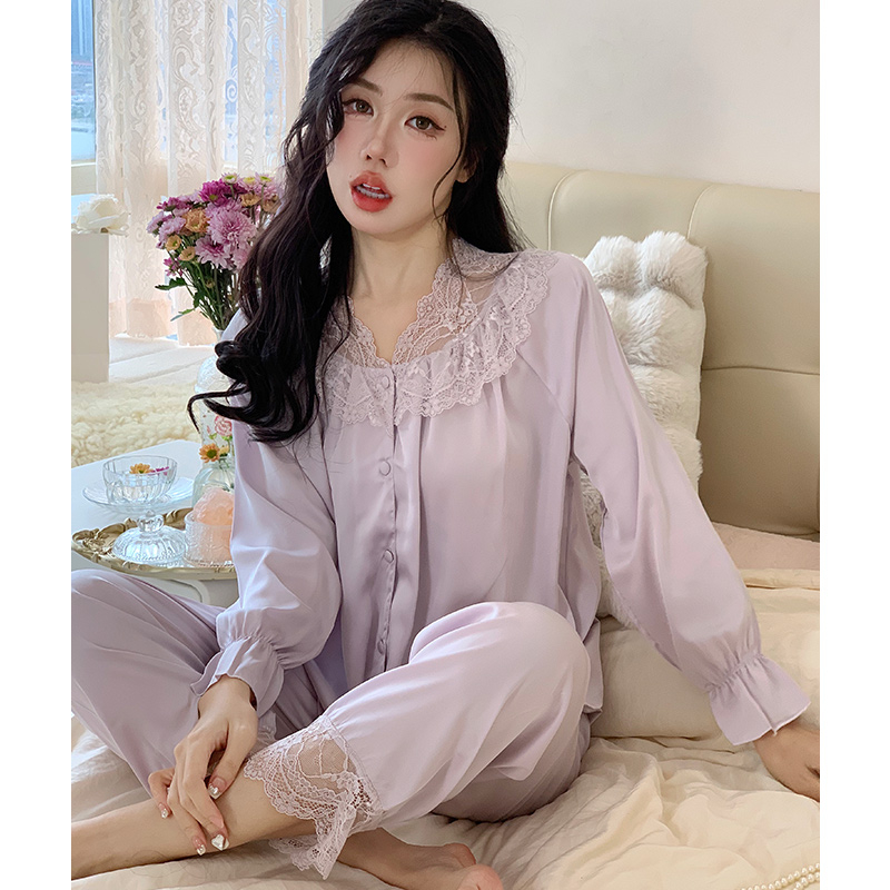 高級冰絲睡衣女2024春秋季新款花邊性感可外穿長袖長褲家居服套裝