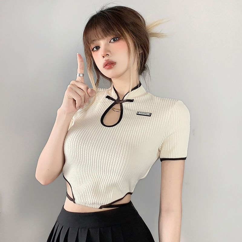 國潮新中式盤扣短袖T恤女夏裝新款設計感小眾氣質綁帶肌理上衣潮