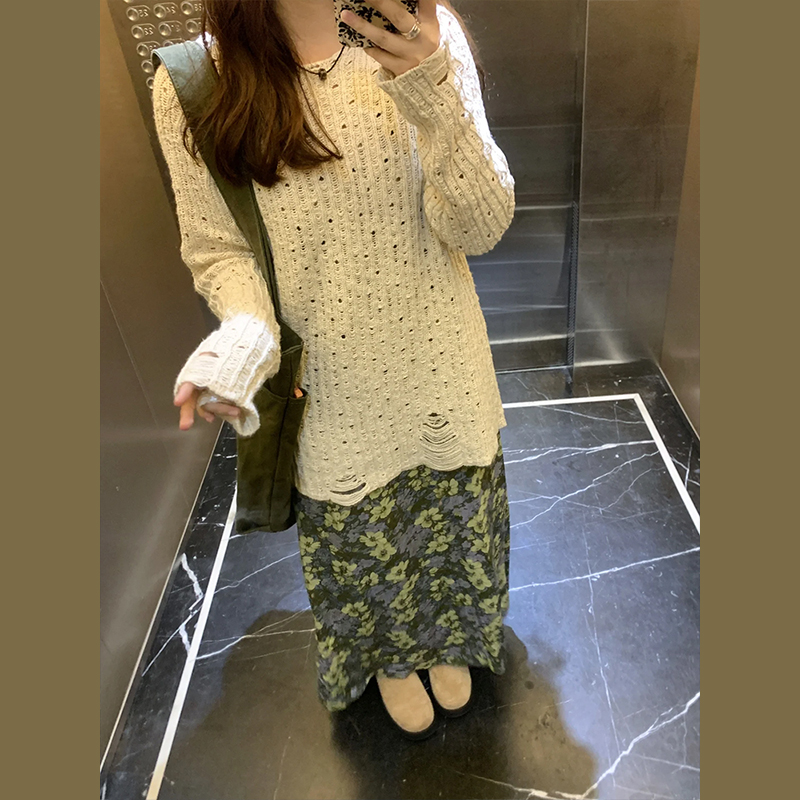 慵懶風鏤空毛衣女春秋季2024年新款設計感寬鬆內搭打底針織衫上衣