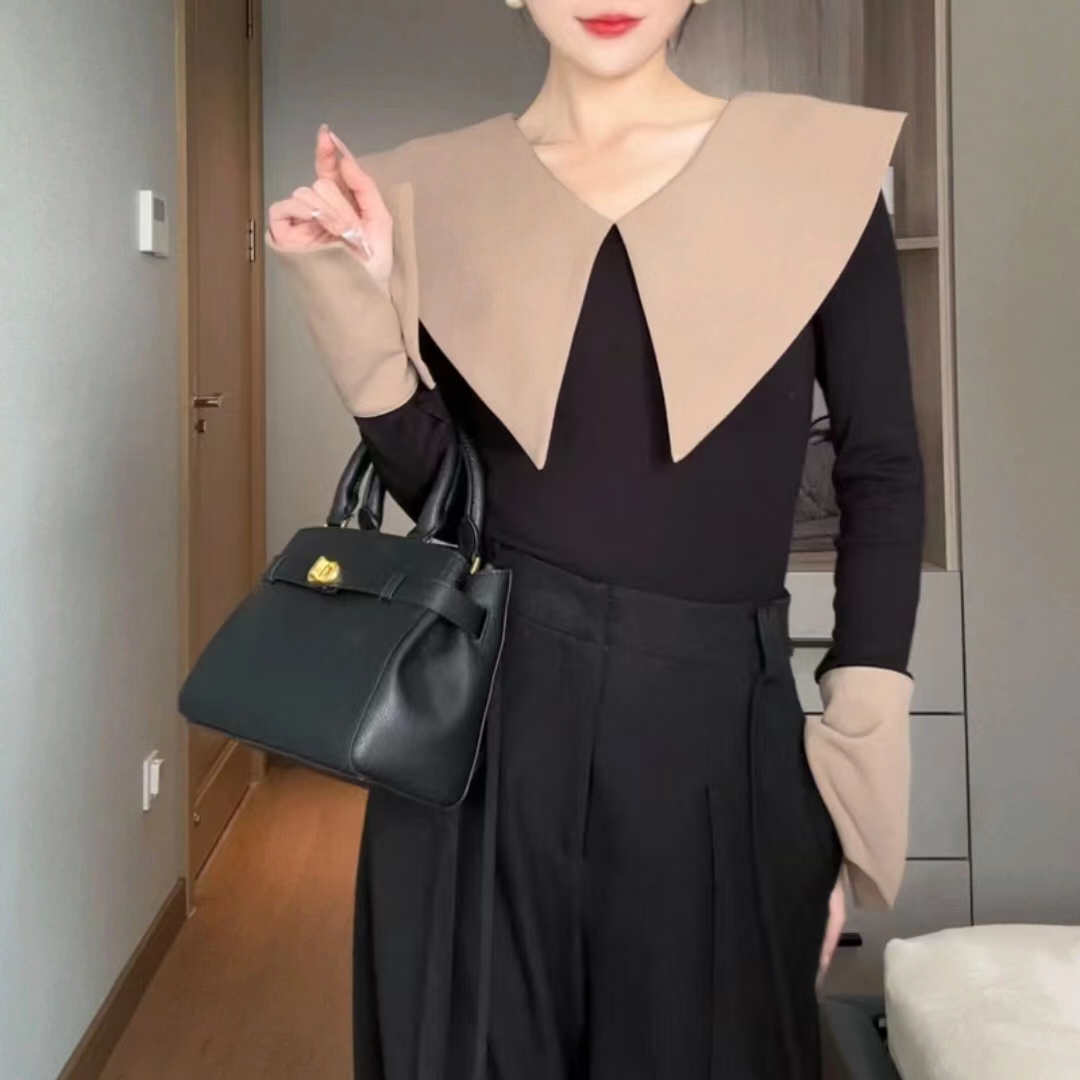 消失的「肉」法式拼色大翻領長袖T恤女春季新款顯瘦拼接上衣