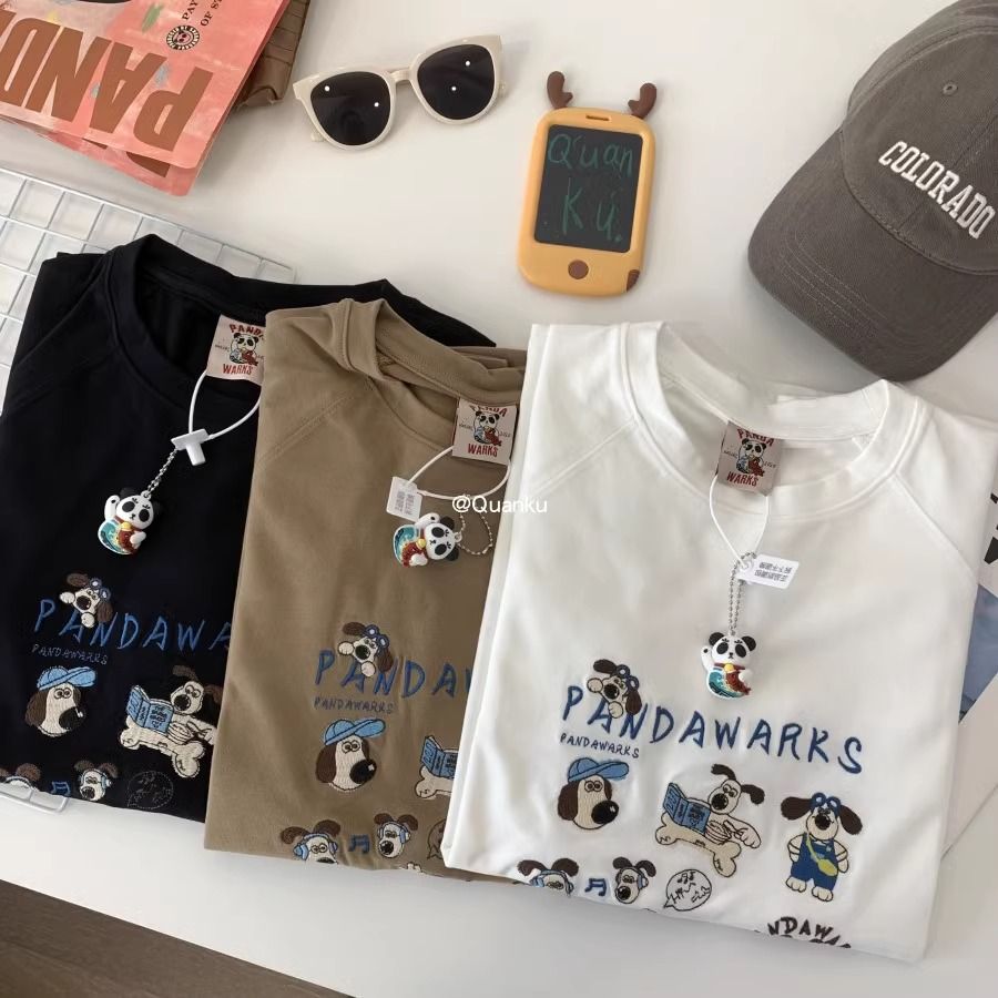 高品質Pandawarks熊貓紙袋家春秋寬鬆中長款長袖體恤刺繡小狗打底
