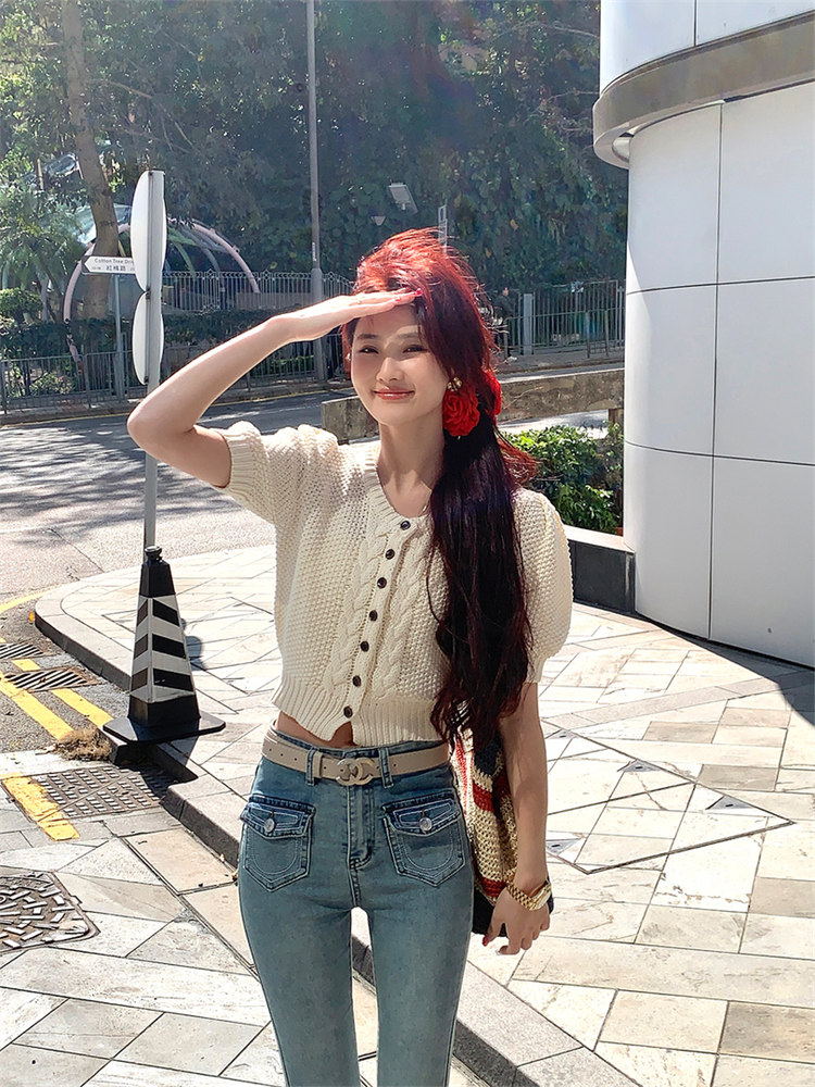 女夏季新款時尚百搭上衣今年流行杏色別致麻花單排扣短袖開衫