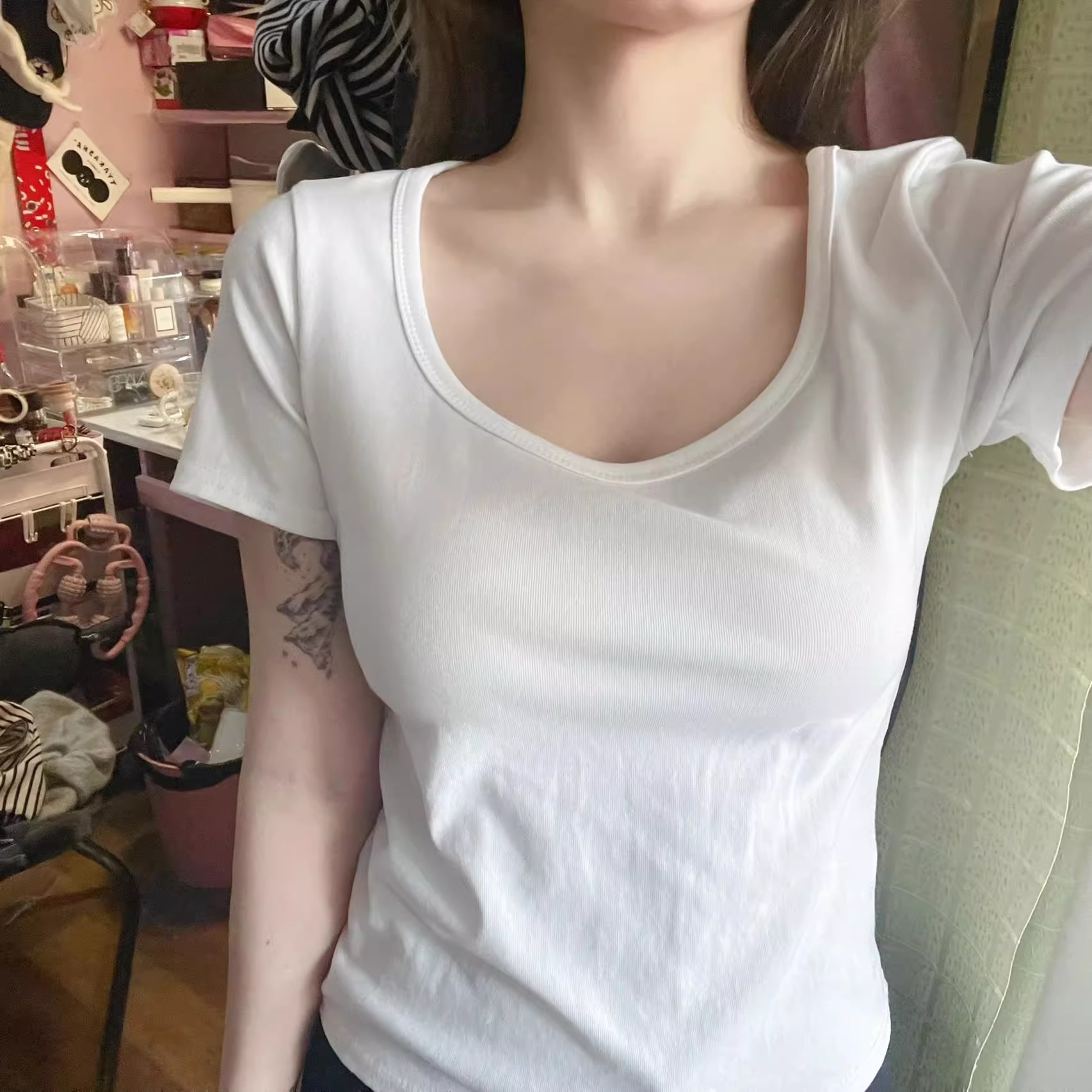 92棉/8氨綸40支210g純棉 大領口純色短袖T恤女