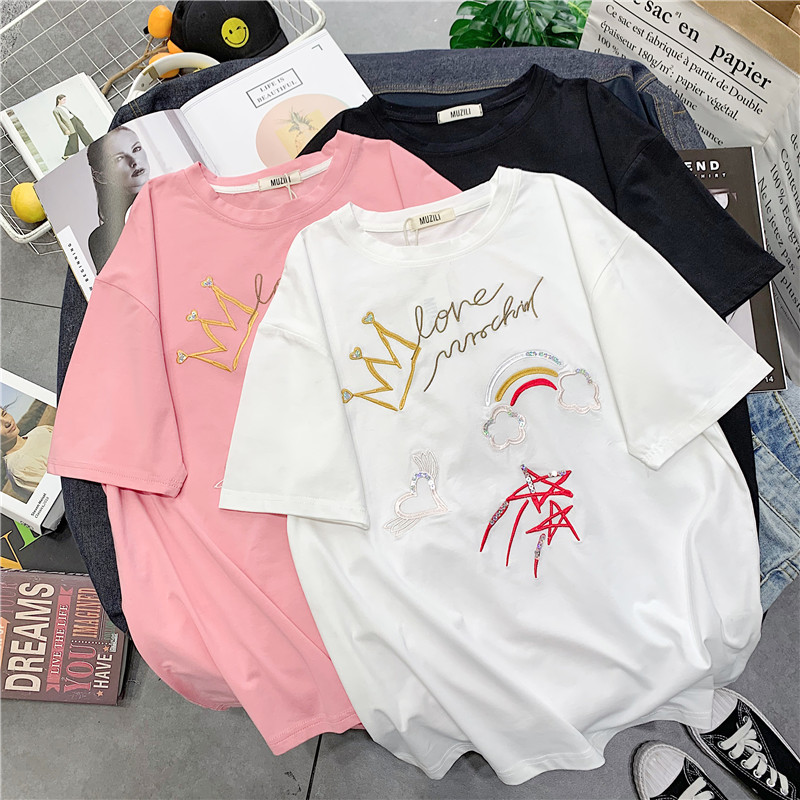 純棉拉架珠片刺繡王冠彩虹刺繡純棉T恤女短袖寬鬆夏韓版打底衫