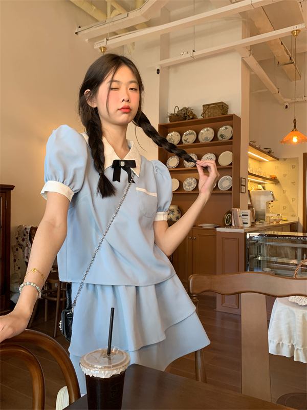 實拍富家千金藍色減齡上衣甜美奶乖半裙小個子套裝