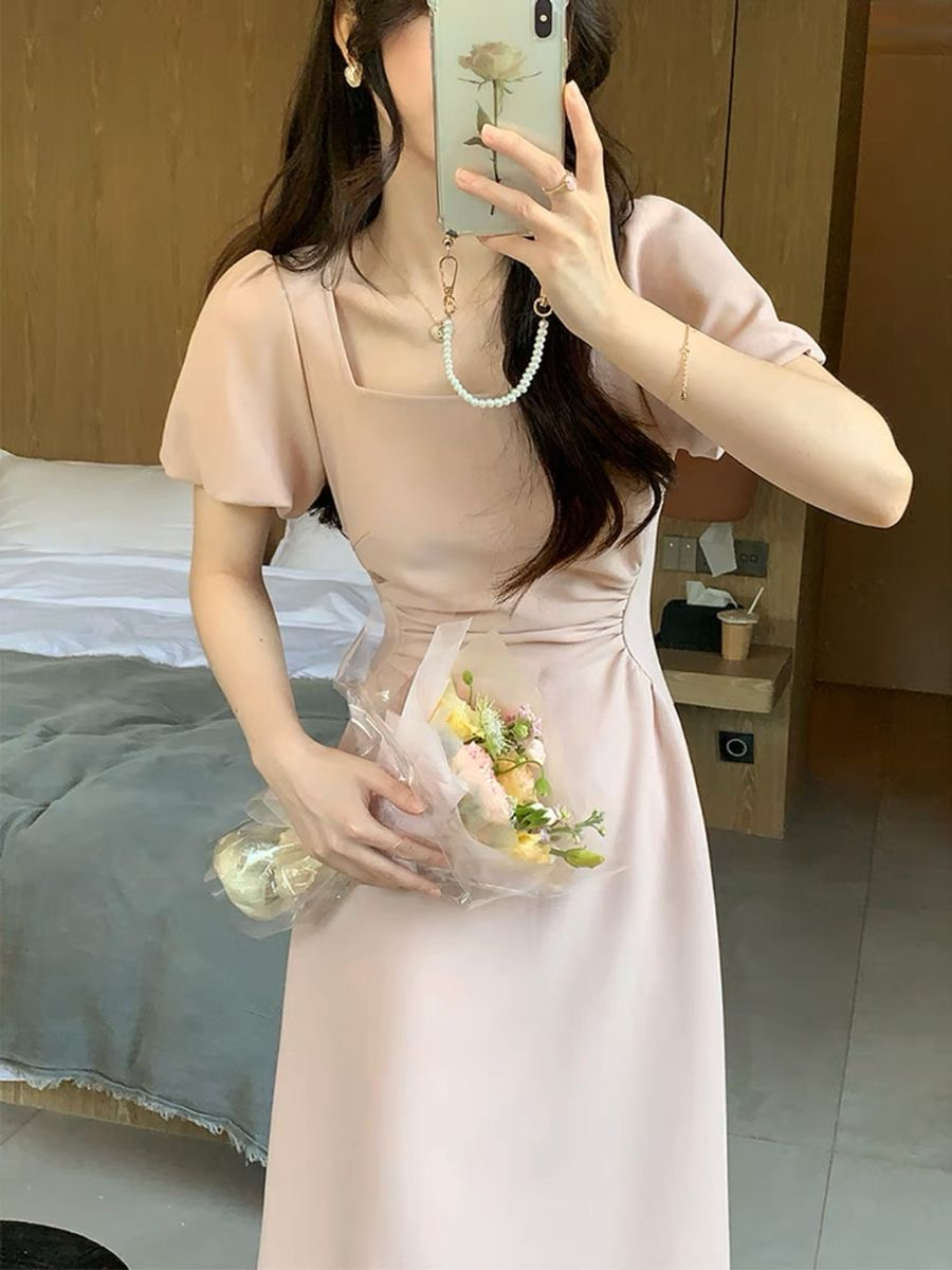 棉美界方領收腰顯瘦連衣裙女2024夏季新款女神范甜辣氣質中長裙子