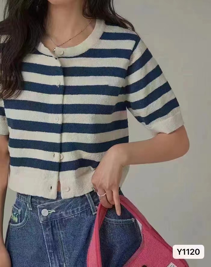 夏季新款韓版時尚休閒圓領撞色條紋短袖開衫上衣女
